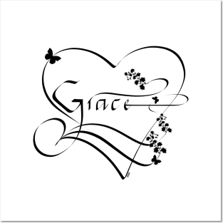 Grace, calligrahpy, female name, black font Posters and Art